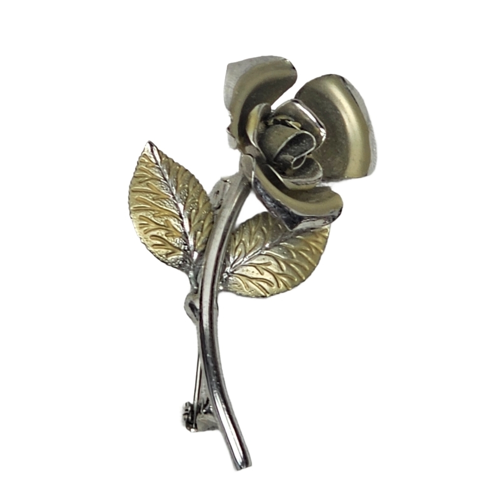 Vintage Mid-Century Two-Tone Rose Brooch | Gold & Silver Tone Metal Flower Pin